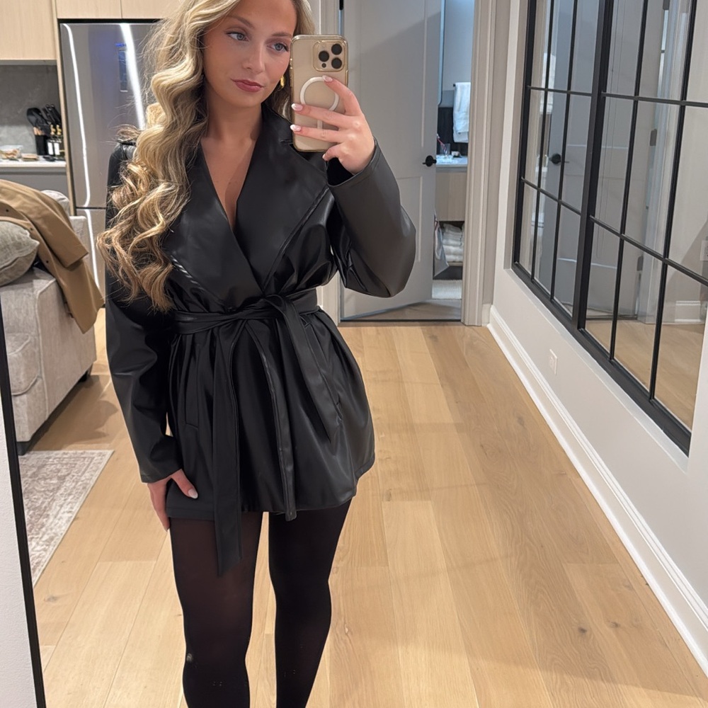 Black Faux Leather Belted Dress